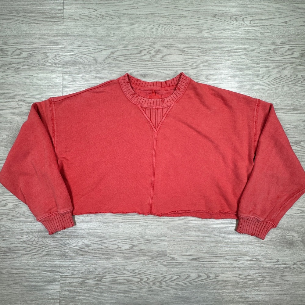 Aerie Women Sweatshirt Cropped Raw Hem Red XS Pullover Fleece Long Sleeve